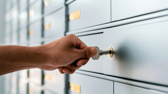 Hand inserting metal key into a safe deposit box lock, highlighting concepts of security, confidential storage, and asset protection