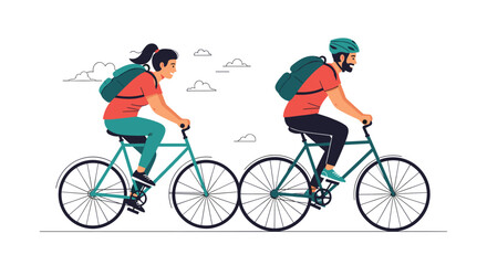 Fototapeta premium Active couple with backpacks riding bicycles together against a white background for travel and fitness concepts.