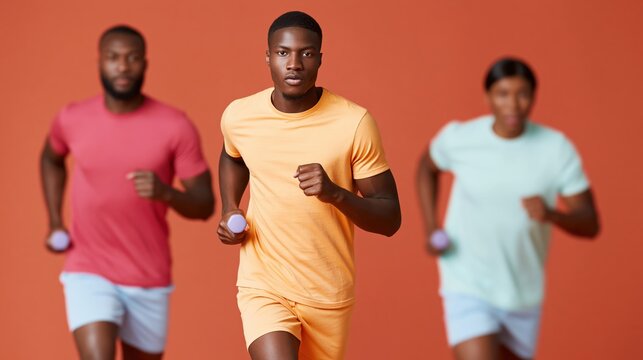 Male runner holding hand weights leading small running group