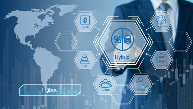 Professional illustrating hybrid cloud computing models with global business integration and pricing structures