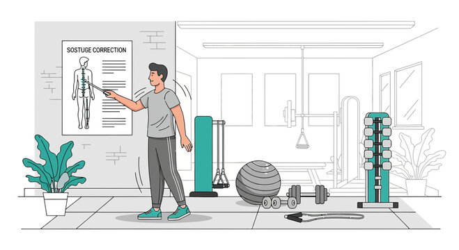 Fitness Trainer Explains Posture Correction with Spine Chart in Gym