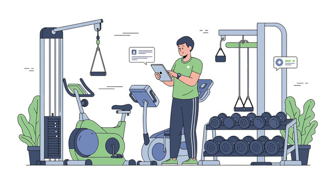 Fitness Trainer Using Tablet in Gym with Exercise Equipment and Dumbbells