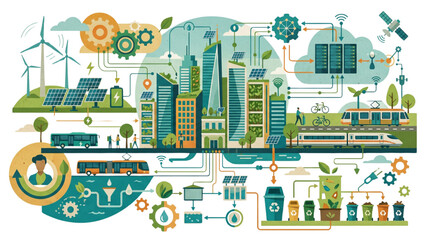 Fototapeta premium Smart City Sustainability Eco Collage with Energy Icons, Recycled Paper Texture Editorial Infographic Background, Modern Environmental Vector Design, Isolated White Layout