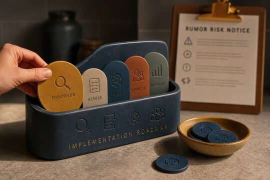 Business strategy roadmap with process cards and risk notice on a desk for project planning and implementation management
