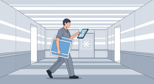 Doctor with Tablet and X-rays in Hospital Corridor