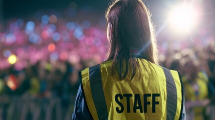 Fototapeta premium Event staff member wearing a yellow high visibility vest observing a large blurred crowd with colorful lights at a night live concert
