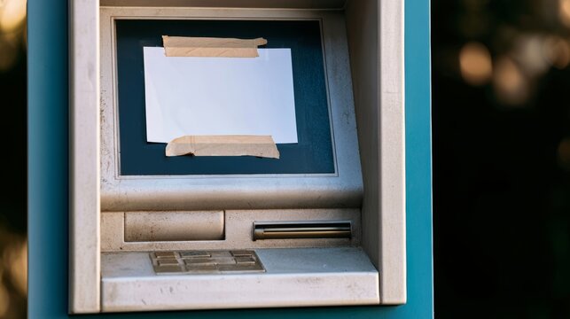 ATM machine displaying an out of service sign with blank paper, focusing on banking problem and cash unavailability