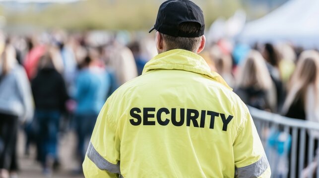 Security guard wearing a yellow jacket protecting a crowd at an outdoor event, ensuring public safety