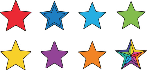 Obraz premium Colorful Star Icon Set with Red, Blue, Green, Yellow, Purple, Orange, and Rainbow Stars for Rating, Award, and Celebration Designs