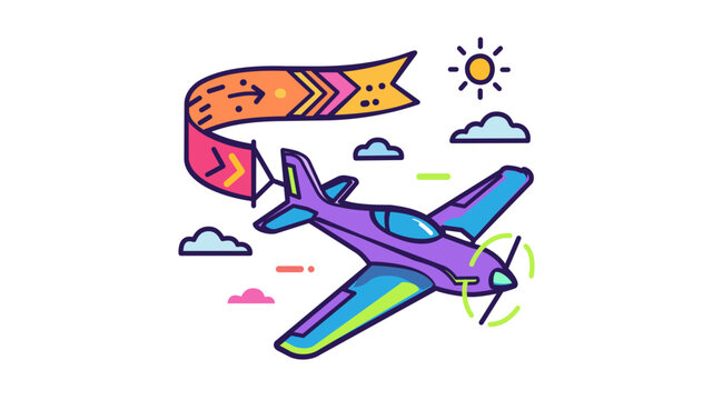 Vibrant vector illustration of a purple propeller airplane flying with a colorful banner in a sunny sky, featuring an editable stroke, adjustable line weight, and customizable stroke weight icon.