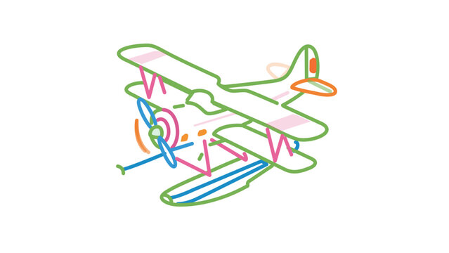 Antique biplane vector illustration showing a dual-wing aircraft with colorful outlines. Modern minimalist line art airplane icon featuring modifiable stroke weight and customizable paths.