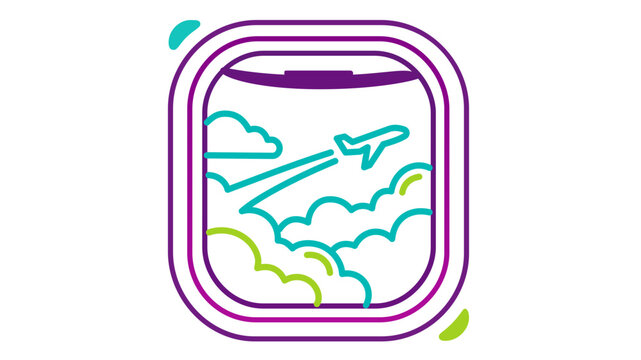 Passenger jet porthole perspective vector graphic showing an aircraft soaring over fluffy clouds. Minimalist multi-colored line drawing with modifiable stroke weight and flexible design.