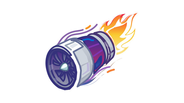 Dynamic jet engine vector illustration with fire flames for aviation propulsion. Features an editable stroke, adjustable line weight, customizable stroke weight, thin line, and stroke thickness.