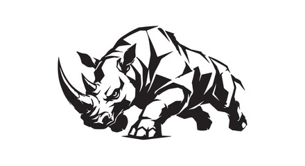 Aggressive rhino silhouette with fractured armor plate geometry, isolated white background, premium monochrome wildlife vector illustration, bold esports mascot design © MdSamir