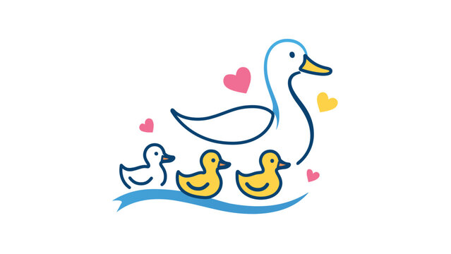 Tender hen leading three hatchlings surrounded by floating hearts, lovingly depicted in vibrant multicolored contour strokes with variable weight &mdash; a delightful pond-side family scene for nursery