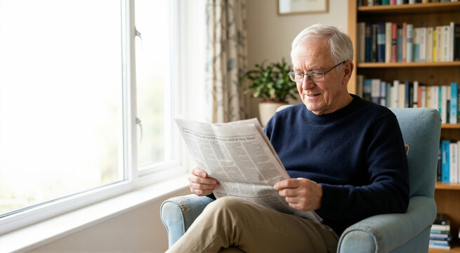 Elderly man reading a newspaper in an armchair by the window. Senior caucasian male relaxing at home in the living room. Retirement leisure and staying informed concept