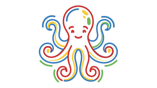 Luminous radiant cephalopod vector with modifiable border and variable path weight, depicting a cheerful joyful subaquatic creature in tidy rainbow-hued sketch for maritime themes.