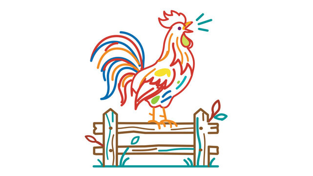 Colorful rooster crowing on a wooden fence vector illustration, farm animal icon with editable stroke, adjustable line weight, vibrant cockerel morning wake up call, modern rural life graphic.
