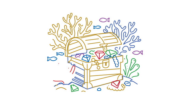 Radiant vector graphic of an unsealed subaquatic coffer overflowing with crystals and finery, flanked by polyps, vertebrates, and kelp; features a modifiable border and variable path weight.