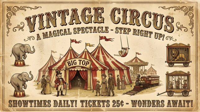 Vintage circus poster illustration with ornate Victorian typography and classic carnival attractions