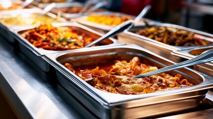 Obraz premium Buffet counter serving hot dishes, including classic lasagna, vegetables, and savory stews, for casual dining