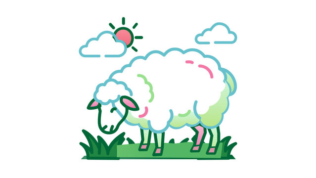 Colorful vector icon of a fluffy sheep with a cloud-like woolly body, sun, and clouds. Clean line art illustration with editable stroke, adjustable line weight, and customizable stroke weight.