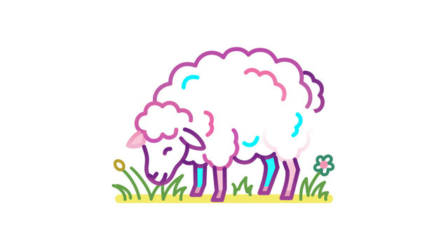Colorful vector icon illustration of a cute sheep grazing in a meadow. Features cloud-like wool with editable stroke, adjustable line weight, customizable stroke weight, and thin line art style.