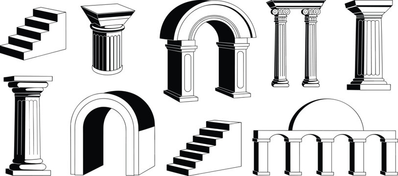 Vector collection of ancient Greek and Roman architectural elements featuring black and white pillars arches stairs and colonnades