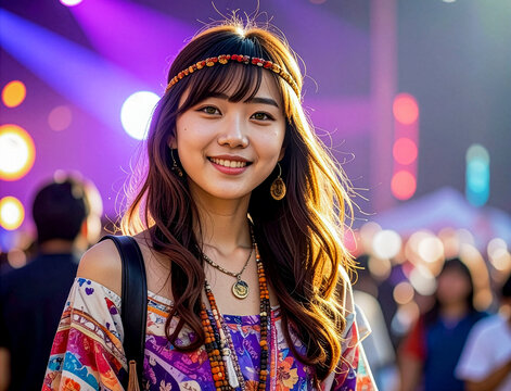 Young asian woman portrait looking at the camera with a smile at an outdoor concert or festival. 