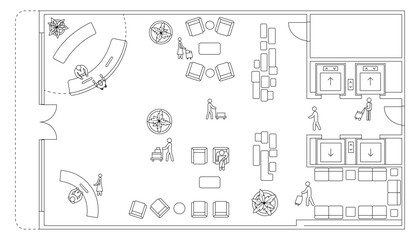 Top view architectural drawing of hotel lobby interior with reception desk, guests, elevators and seating area, floor plan style vector illustration isolated on transparent background © Palash