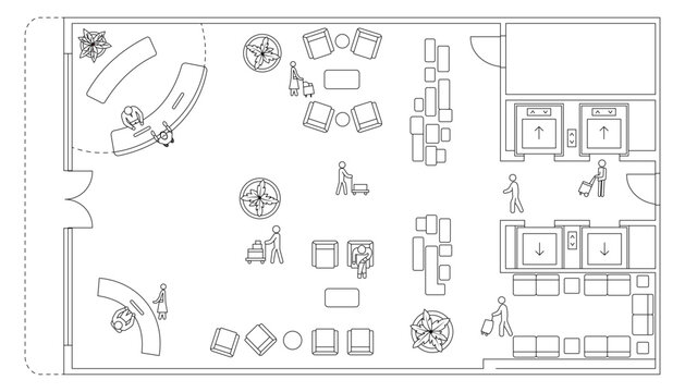 Top view architectural drawing of hotel lobby interior with reception desk, guests, elevators and seating area, floor plan style vector illustration isolated on transparent background