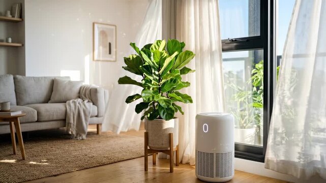 Slow tracking shot of fiddle leaf fig plant and air purifier as sheer curtain billows in sunlit living room balcony