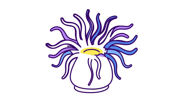 Vector graphic of an actinaria with undulating tentacles in violet and azure. Features flexible path outlines for variable thickness and modifiable stroke weights. Crisp linear icon design.