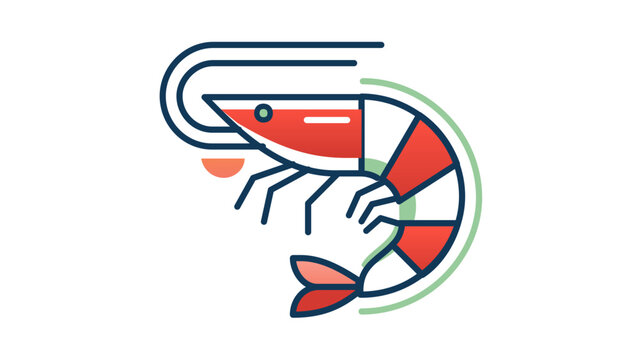 Contemporary vector icon of a scarlet and white prawn. Marine crustacean linear art with flexible path outlines, variable thickness, and modifiable stroke weights for commercial branding.