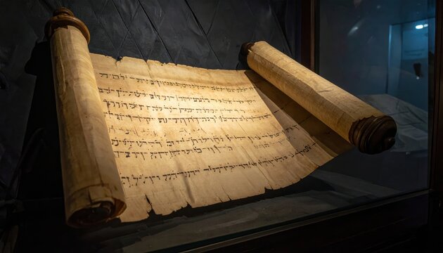 Fragment of an Ancient Parchment Scroll Unfurled, Revealing Faded Hebrew Text from Historical Times