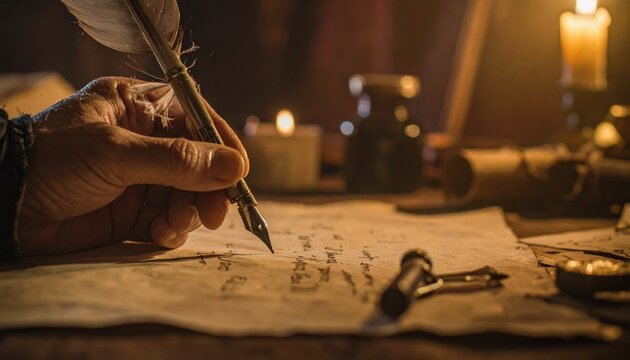 Hand holding a quill pen poised over ancient vellum, illustrating the laborious art of historical writing