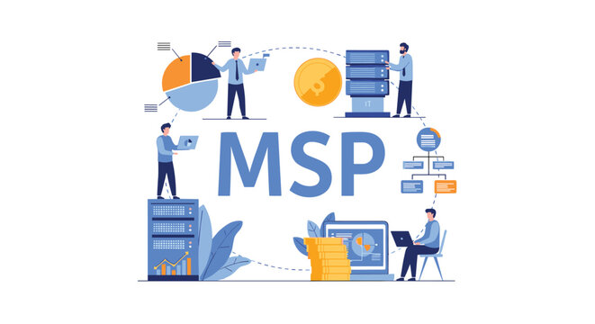 Managed service provider concept features professional team members working around giant MSP letters to handle IT infrastructure and data solutions.