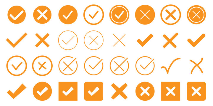 Sharp green checkmark and red cross on isolated white background vector symbol for right and wrong choices. Modern flat design, Checkmark icon set. Checkmark right symbol tick sign