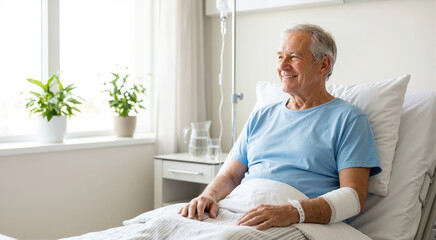 Fototapeta premium Smiling senior male patient recovering in a hospital bed. Optimistic elderly man looking out the window after successful medical treatment