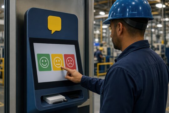 Industrial worker using touchscreen feedback kiosk in a factory warehouse for quality control and employee satisfaction review