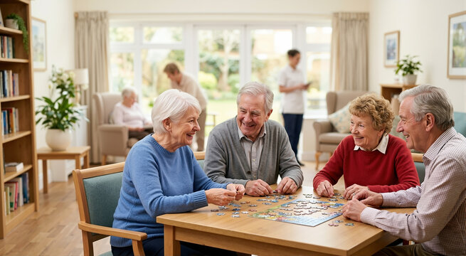 Group of happy senior friends playing a jigsaw puzzle at a table. Elderly adults enjoying leisure time and social activity in a retirement care home