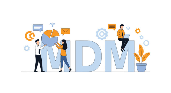 Master data management concept shows professionals organizing information and charts around large MDM letters for business.