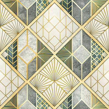 Abstract art deco pattern with geometric shapes, gold lines, and marble texture. The design features symmetrical diamond shapes with fan-like motifs and various textured rectangles