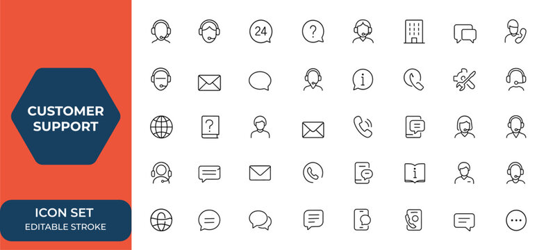 Customer support and service icon set for web and mobile apps in line style. Assistance, online help, 24 hrs service, help, customer care, vector illustration and more.