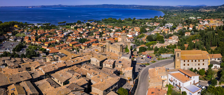 Panoramic view of Bolsena town with medieval castle, ancient church and volcanic lake, Lazio, ItalyUltra high resolution photo from above. World print quality