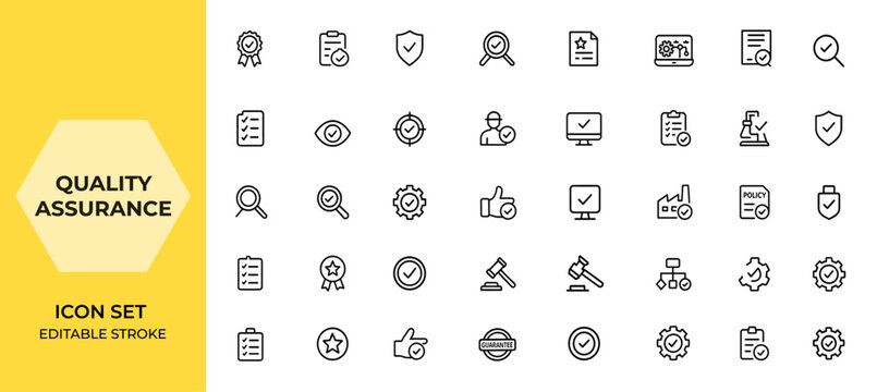 Quality assurance and inspection icons set in line style for web and mobile apps. Includes quality control, evaluation, production, certificate, testing, computing, and more.