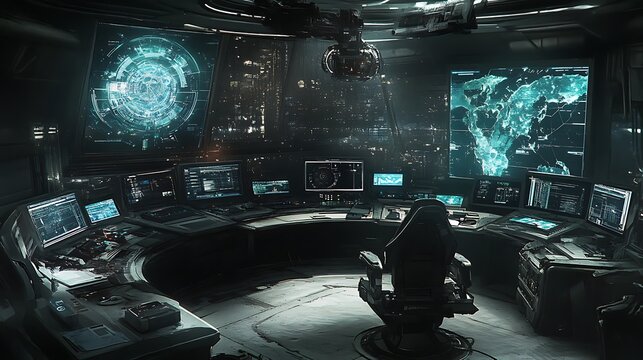 Futuristic command center with glowing digital displays and data screens in a dark hightech control room