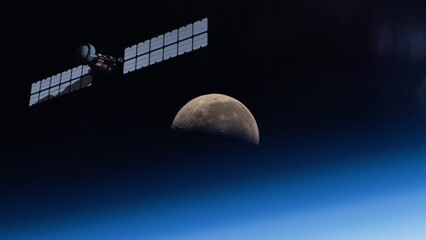 Satellite hovering by the moon at night illuminated by the blue glow of planet Earth. NASA Public Domain Imagery © Marcin Janiec