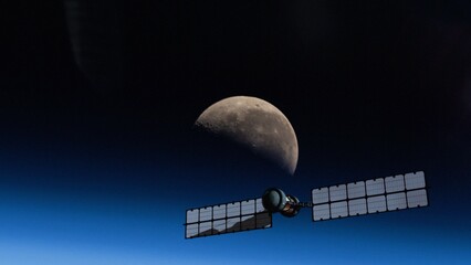 Satellite hovering over the moon at night illuminated by the blue glow of planet Earth. NASA Public Domain Imagery © Marcin Janiec
