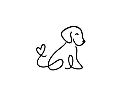dog silhouette with heart tail animal pet canine line art minimalist simple black white background vector illustration icon logo design puppy love cute adorable domestic